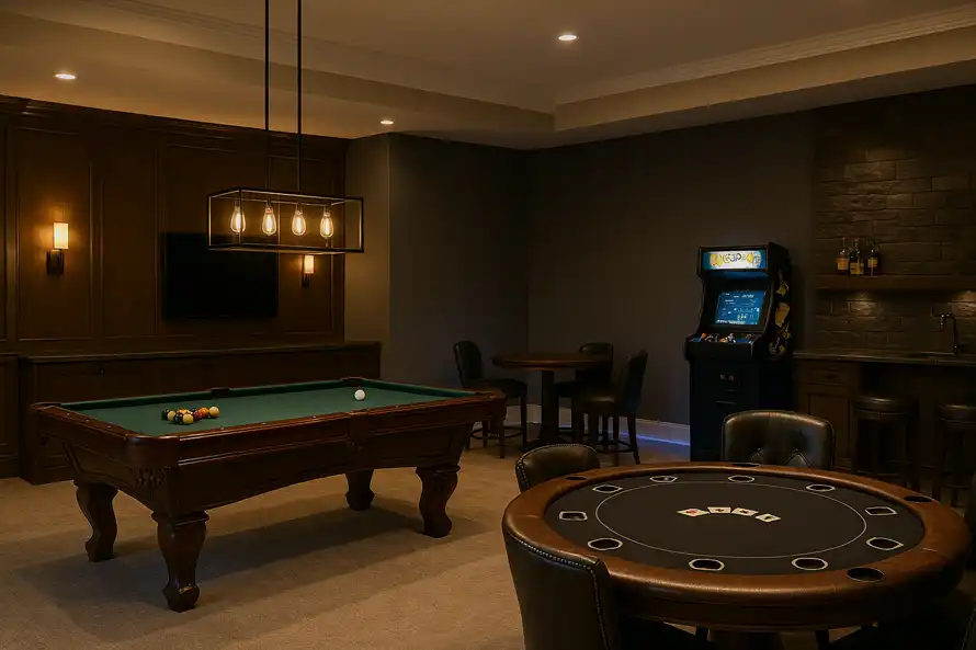 Luxury game room with pool table, poker table, and arcade machine.
