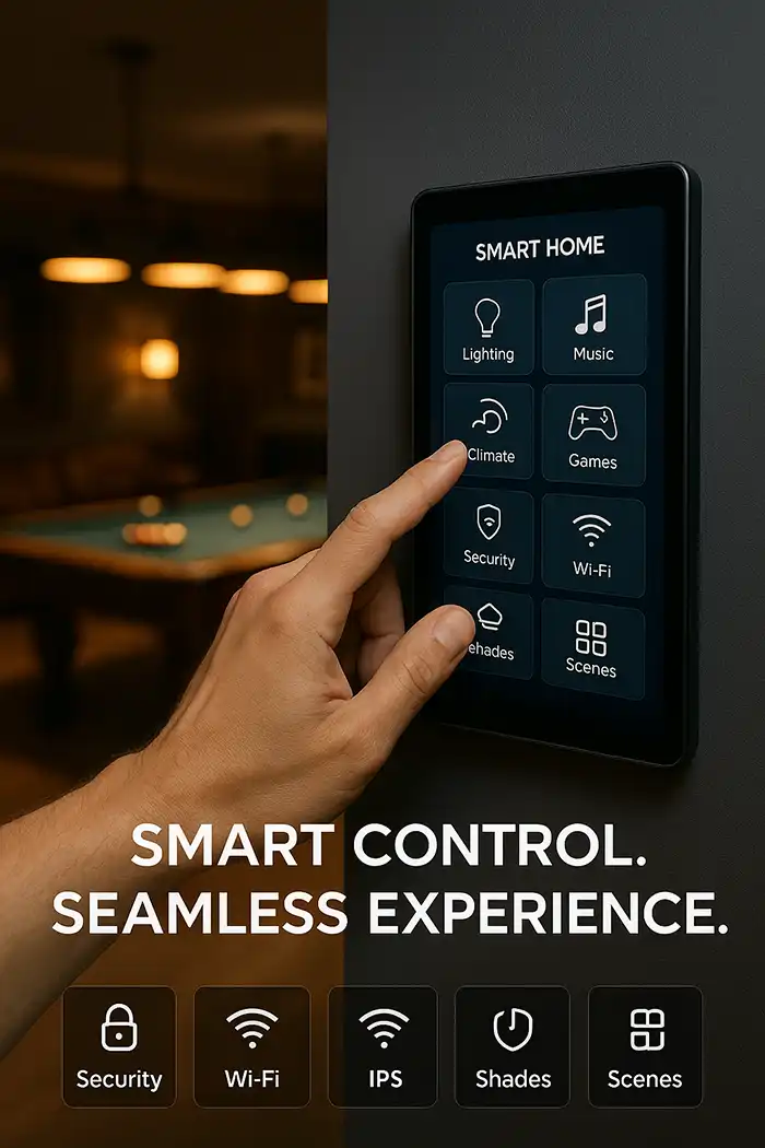 Smart home panel controlling luxury game room lighting and systems
