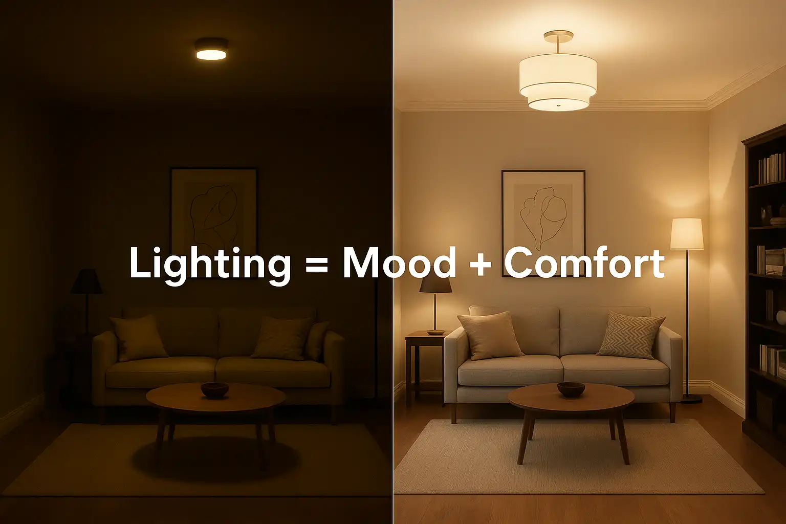 Comparison of dim vs well-lit living room showing mood and comfort changes.