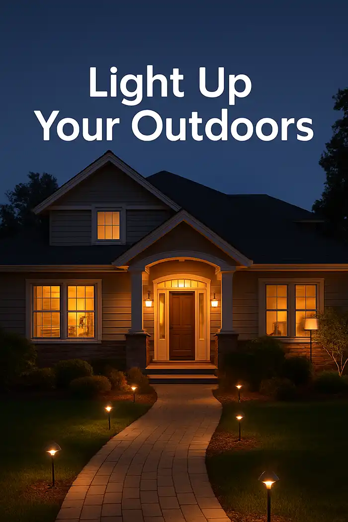 Front yard with outdoor lighting highlighting porch and pathway.