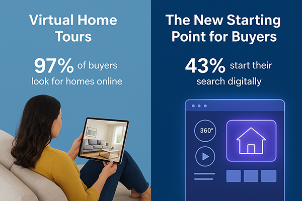 Modern buyer exploring virtual home tour on tablet with real estate listings online