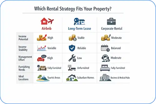 Comparison chart of Airbnb, long-term lease, and corporate rental strategies